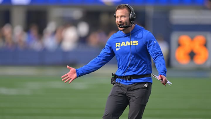 Nov 2, 2025; Inglewood, California, USA; Los Angeles head coach Sean McVay reacts after a touchdown by the Rams against the New Orleans Saints during the first half at SoFi Stadium. Mandatory Credit: Jayne Kamin-Oncea-Imagn Images