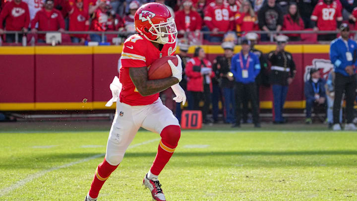 Nov 10, 2024; Kansas City, Missouri, USA; Kansas City Chiefs wide receiver Mecole Hardman (17) returns a kick against the Denver Broncos during the game at GEHA Field at Arrowhead Stadium. Mandatory Credit: Denny Medley-Imagn Images