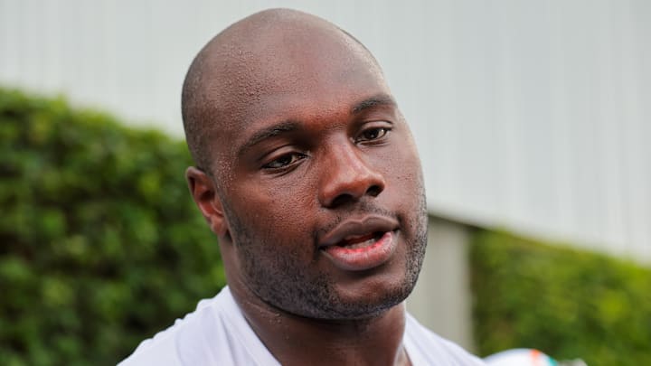 Miami Dolphins guard James Daniels (78) speaks to reporters during training camp at Baptist Health Training Complex. 