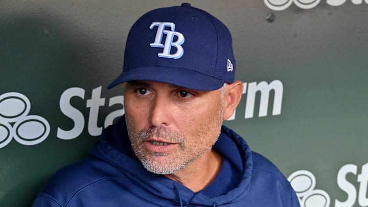 Sep 13, 2025; Chicago, Illinois, USA; Tampa Bay Rays manager Kevin Cash (16) answers questions from the media prior to a game against the Chicago Cubs at Wrigley Field. Sep 13, 2025; Chicago, Illinois, USA; Tampa Bay Rays manager Kevin Cash (16) answers questions from the media prior to a game against the Chicago Cubs at Wrigley Field.
