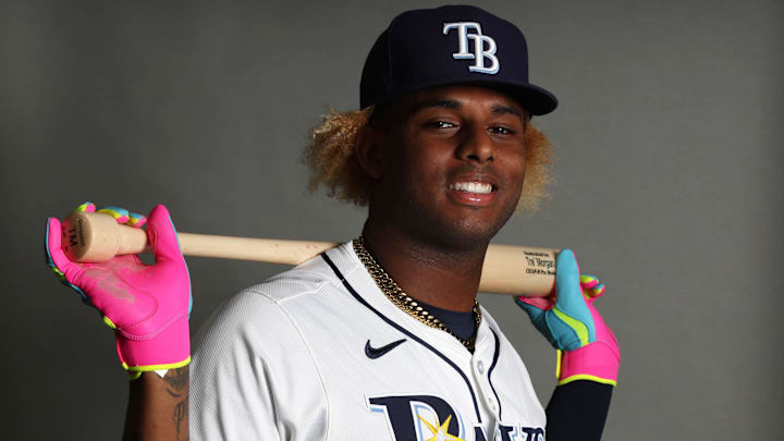 Feb 17, 2025; Port Charlotte, FL, USA;  Tampa Bay Rays infielder Tre Morgan (92) poses for a photo during media day.