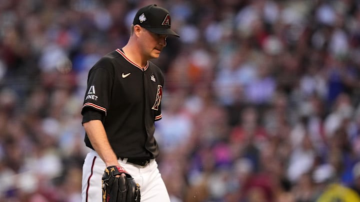 Oct 31, 2023; Phoenix, Arizona, USA; Arizona Diamondbacks starting pitcher Joe Mantiply (35) reacts