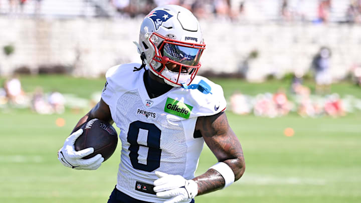 Jul 28, 2025; Foxborough, MA, USA; New England Patriots wide receiver Stefon Diggs (8) runs after the catch during training camp at Gillette Stadium. Mandatory Credit: Eric Canha-Imagn Images