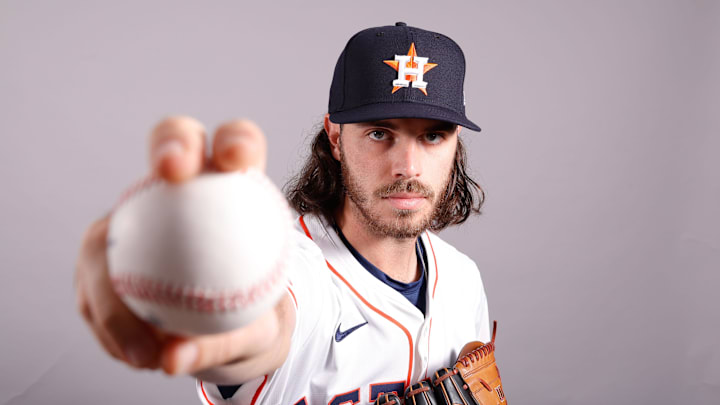 Feb 20, 2025; West Palm Beach, FL, USA;  Houston Astros pitcher Spencer Arrighetti (41) poses for a photo at the Houston Astros media day. Mandatory Credit: Reinhold Matay-Imagn Images