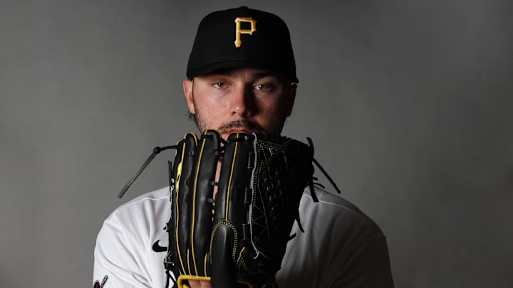Feb 18, 2026; Bradenton, FL, USA; Pittsburgh Pirates pitcher Paul Skenes (30) poses for a photo during media day at Pirate City. Mandatory Credit: Kim Klement Neitzel-Imagn Images
