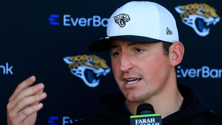 Jacksonville Jaguars offensive coordinator Grant Udinski answers questions from the media after an NFL training camp session at the Miller Electric Center, Wednesday, Aug. 6, 2025, in Jacksonville, Fla. [Corey Perrine/Florida Times-Union]