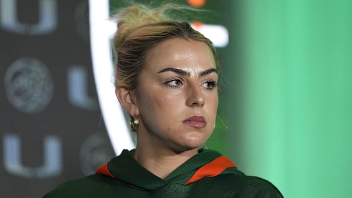 Oct 9, 2024; Charlotte, NC, USA;  Miami player Haley Cavinder during ACC Media Days at The Hilton Charlotte Uptown. Mandatory Credit: Jim Dedmon-Imagn Images