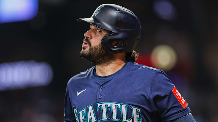Sep 6, 2025; Cumberland, Georgia, USA; Seattle Mariners third base Eugenio Suarez (28) after hitting a home run against the Atlanta Braves during the seventh inning at Truist Park. Mandatory Credit: Jordan Godfree-Imagn Images