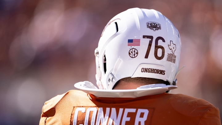 Nov 23, 2024; Austin, Texas, USA; Texas Longhorns left guard Hayden Conner (76) during pregame against the Kentucky Wildcats at Darrell K Royal-Texas Memorial Stadium. Mandatory Credit: Brett Patzke-Imagn Images