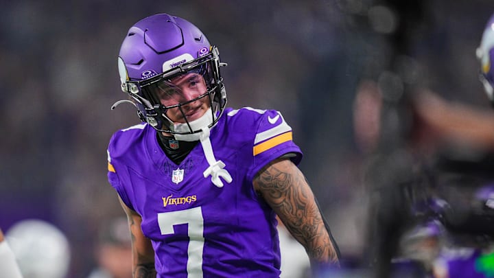 Nov 3, 2024; Minneapolis, Minnesota, USA; Minnesota Vikings cornerback Byron Murphy Jr. (7) celebrates his interception against the Indianapolis Colts in the fourth quarter at U.S. Bank Stadium.