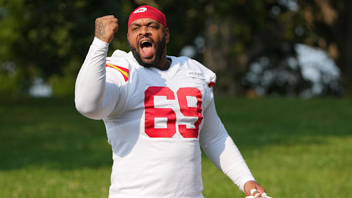 Jul 22, 2024; St. Joseph, MO, USA; Kansas City Chiefs defensive tackle Mike Pennel Jr. (69) gestures to fans while walking from the locker room to the fields prior to training camp at Missouri Western State University. Mandatory Credit: Denny Medley-Imagn Images Jul 22, 2024; St. Joseph, MO, USA; Kansas City Chiefs defensive tackle Mike Pennel Jr. (69) gestures to fans while walking from the locker room to the fields prior to training camp at Missouri Western State University. Mandatory Credit: Denny Medley-Imagn Images