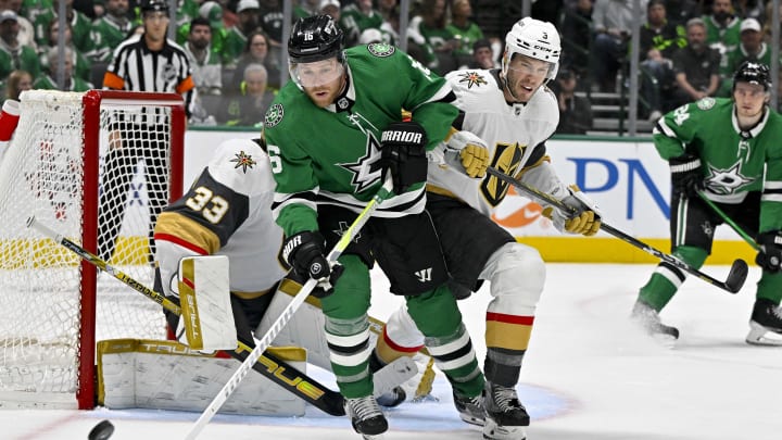 May 1, 2024; Dallas, Texas, USA; Dallas Stars center Joe Pavelski (16) and Vegas Golden Knights defenseman Brayden McNabb (3) chase the puck in the Vegas zone during the second period in game five of the first round of the 2024 Stanley Cup Playoffs at the American Airlines Center. Mandatory Credit: Jerome Miron-USA TODAY Sports