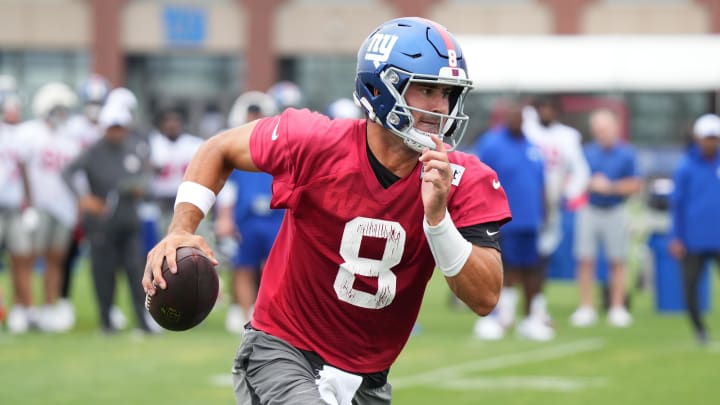 Jul 25, 2024; East Rutherford, NY, USA; New York Giants quarterback Daniel Jones (8) scrambles during training camp at Quest Diagnostics Training Center. Jul 25, 2024; East Rutherford, NY, USA; New York Giants quarterback Daniel Jones (8) scrambles during training camp at Quest Diagnostics Training Center.