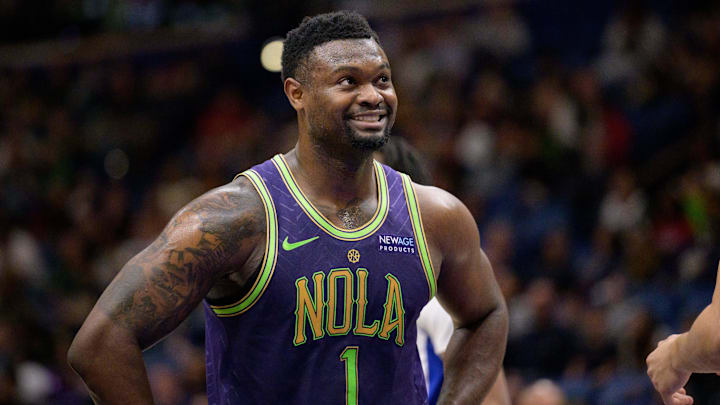 Mar 17, 2025; New Orleans, Louisiana, USA;  New Orleans Pelicans forward Zion Williamson (1) reacts during the first half against the Detroit Pistons at Smoothie King Center. Mandatory Credit: Matthew Hinton-Imagn Images