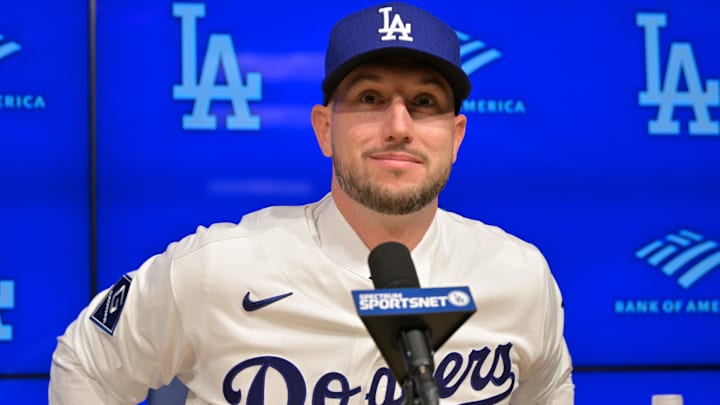 Jan 21, 2026; Los Angeles, CA, USA;  Los Angeles Dodgers right fielder Kyle Tucker (23) is introduced to the media during a press conference at Dodger Stadium.