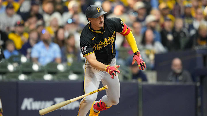 Apr 25, 2026; Milwaukee, Wisconsin, USA;  Pittsburgh Pirates shortstop Konnor Griffin (6) hits an RBI single during the fourth inning against the Milwaukee Brewers at American Family Field. Mandatory Credit: Jeff Hanisch-Imagn Images