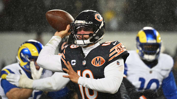 Jan 18, 2026; Chicago, IL, USA; Chicago Bears quarterback Caleb Williams (18) throws a pass against the Los Angeles Rams during the third quarter of an NFC Divisional Round game at Soldier Field. Mandatory Credit: Matt Marton-Imagn Images
