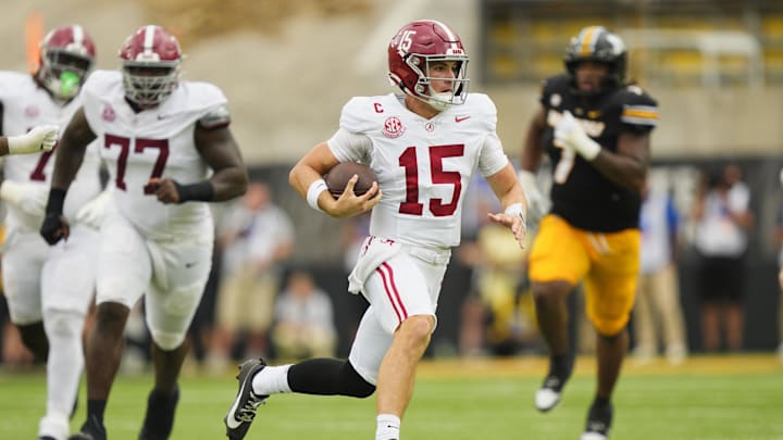 Oct 11, 2025; Columbia, Missouri, USA; Alabama Crimson Tide quarterback Ty Simpson (15) runs the ball against the Missouri Tigers during the first half of the game at Faurot Field at Memorial Stadium. Mandatory Credit: Jay Biggerstaff-Imagn Images Oct 11, 2025; Columbia, Missouri, USA; Alabama Crimson Tide quarterback Ty Simpson (15) runs the ball against the Missouri Tigers during the first half of the game at Faurot Field at Memorial Stadium. Mandatory Credit: Jay Biggerstaff-Imagn Images