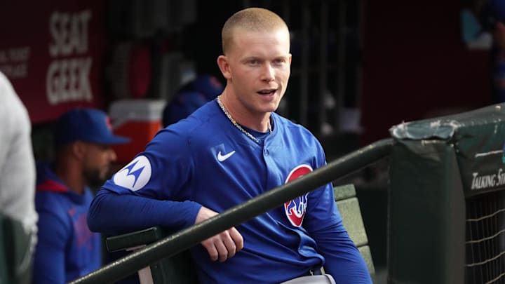 Mar 29, 2025; Phoenix, Arizona, USA; Chicago Cubs outfielder Pete Crow-Armstrong (4) gets ready for a game against theb Arizona Diamondbacks at Chase Field. 
