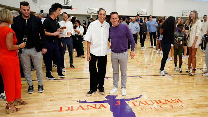 Diana Taurasi and Mat Ishbia pose for a photo during the grand opening of the Mercury’s new practice facility on Thursday, July 18, 2024. Diana Taurasi and Mat Ishbia pose for a photo during the grand opening of the Mercury’s new practice facility on Thursday, July 18, 2024.