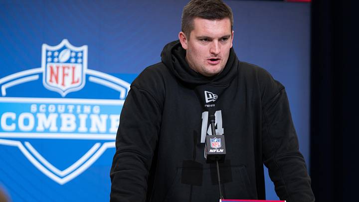 Feb 28, 2026; Indianapolis, IN, USA; Indiana offensive lineman Pat Coogan (OL14) speaks to members of the media during the NFL Combine at the Indiana Convention Center. Mandatory Credit: Jacob Musselman-Imagn Images