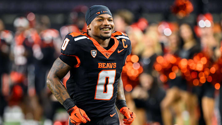 Nov 8, 2025; Corvallis, Oregon, USA; Oregon State Beavers running back Anthony Hankerson (0) is recognized on the field during senior ceremonies before the game against the Sam Houston Bearkats at Reser Stadium. Mandatory Credit: Craig Strobeck-Imagn Images