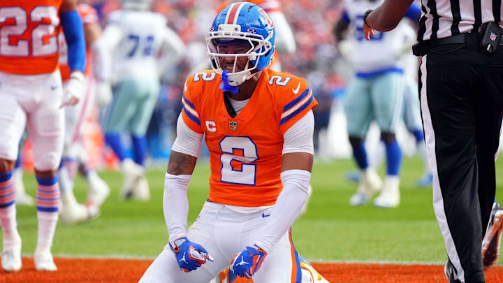 Oct 26, 2025; Denver, Colorado, USA; Denver Broncos cornerback Pat Surtain II (2) reacts in the first quarter against the Dallas Cowboys at Empower Field at Mile High. 