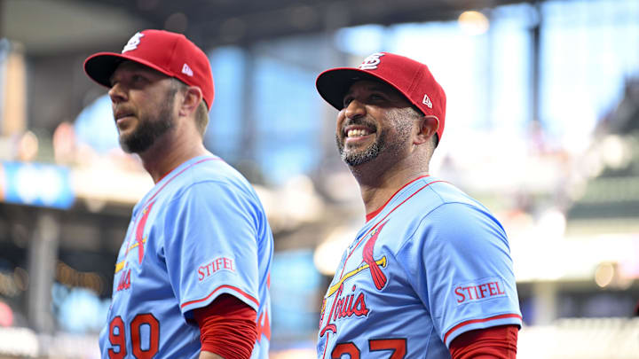 May 31, 2025; Arlington, Texas, USA; St. Louis Cardinals manager Oliver Marmol (37) and pitching coach Dusty Blake (90) look to the stands after the Cardinals defeat the Texas Rangers at Globe Life Field. Mandatory Credit: Jerome Miron-Imagn Images