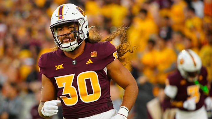 ASU linebacker Zyrus Fiaseu (30) comes onto the field prior to a game against UCF at Mountain America Stadium in Tempe on Nov. 9, 2024.