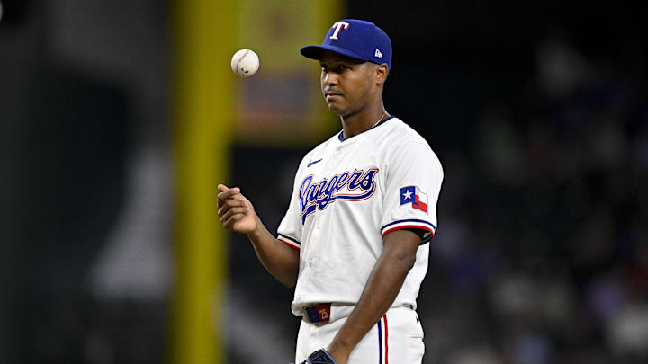 Aug 21, 2024; Arlington, Texas, USA; Texas Rangers relief pitcher Jose Leclerc (25) pitches against the Pittsburgh Pirates during the seventh inning at Globe Life Field.