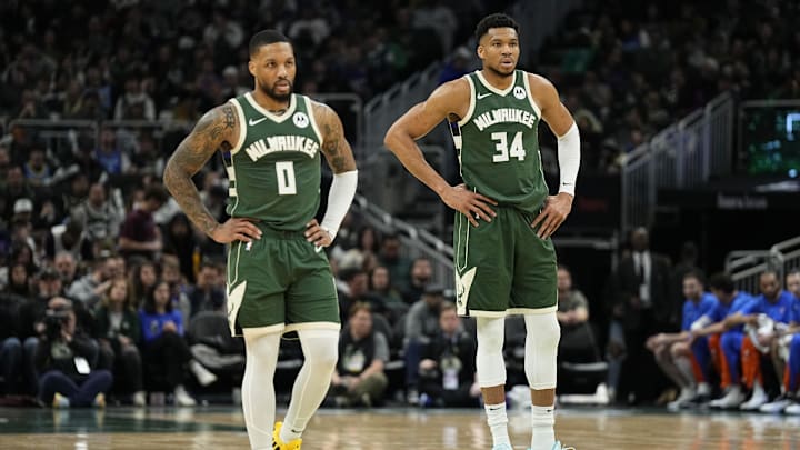 Mar 24, 2024; Milwaukee, Wisconsin, USA;  Milwaukee Bucks forward Giannis Antetokounmpo (34) and