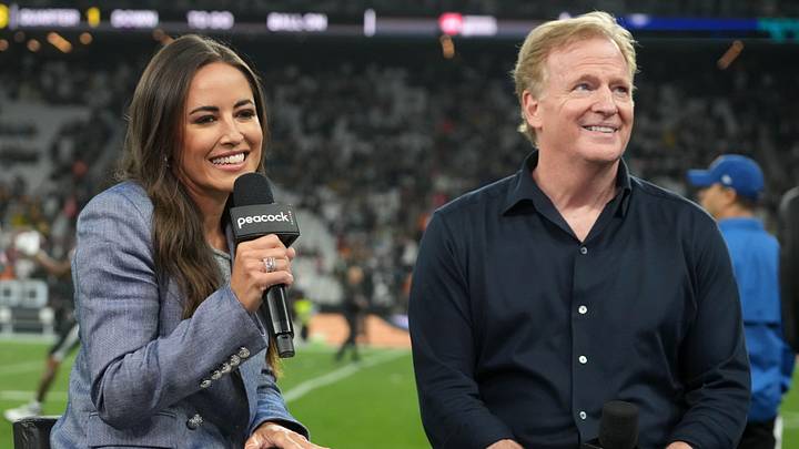 Sideline reporter Kaylee Hartung interviews NFL commissioner Roger Goodell during the NFL Sao Paolo Game at Neo Quimica Arena.