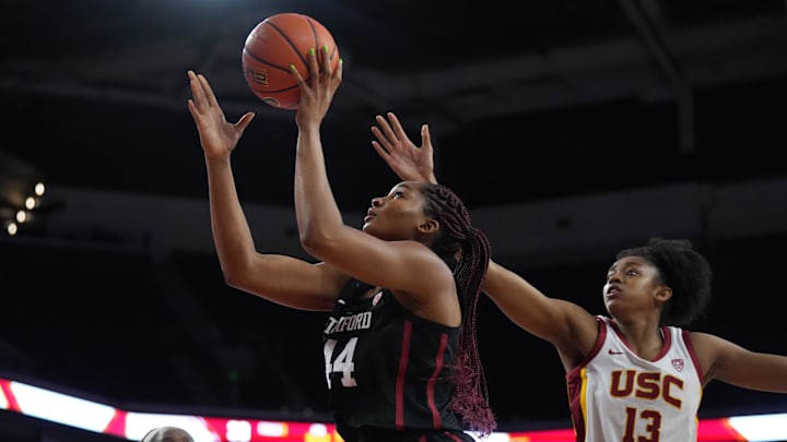 Jan 15, 2023; Los Angeles, California, USA; Stanford Cardinal forward Kiki Iriafen (44) shoots the ball against Southern California Trojans forward Rayah Marshall (13) in the first half at Galen Center. USC defeated Stanford 55-46. Mandatory Credit: Kirby Lee-Imagn Images Jan 15, 2023; Los Angeles, California, USA; Stanford Cardinal forward Kiki Iriafen (44) shoots the ball against Southern California Trojans forward Rayah Marshall (13) in the first half at Galen Center. USC defeated Stanford 55-46. Mandatory Credit: Kirby Lee-Imagn Images