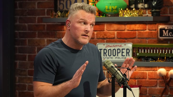 Feb 5, 2025; New Orleans, LA, USA; Pat McAfee on the Pat McAfee Show set at the Super Bowl LIX media center at the Ernest N. Morial Convention Center. Mandatory Credit: Kirby Lee-Imagn Images