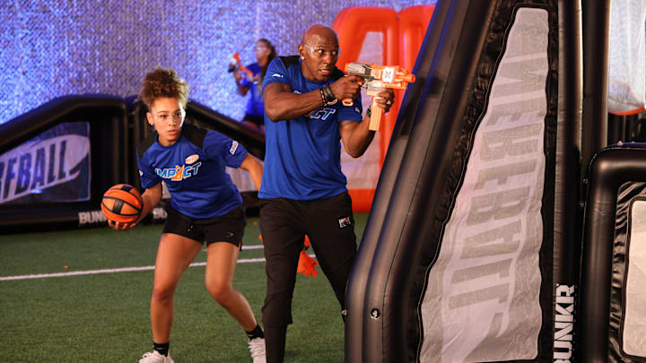 Jada Williams and Donald Driver compete in the NERFBALL – Battle in the Bubble exhibition game on Sept. 22, 2023 at the IMG Academy in Bradenton, FL