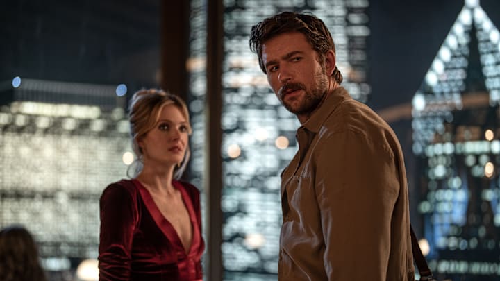 (from left) Violet (Meghann Fahy) and Henry (Brandon Sklenar) in Drop, directed by Christopher Landon