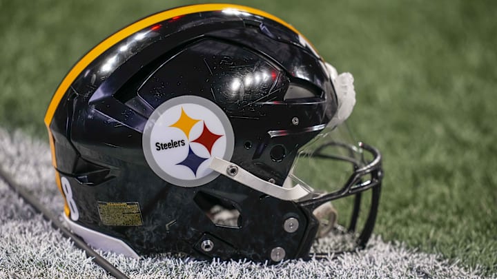 Dec 4, 2022; Atlanta, Georgia, USA; The helmet of the Pittsburgh Steelers on the field during warm up prior to the game against the Atlanta Falcons at Mercedes-Benz Stadium. Mandatory Credit: Dale Zanine-Imagn Images