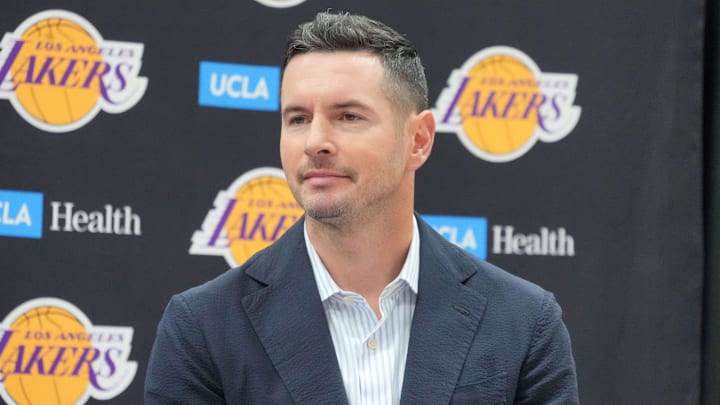 Jul 2, 2024; El Segundo, CA, USA; Los Angeles Lakers coach JJ Redick at a press conference at the UCLA Health Training Center. Mandatory Credit: Kirby Lee-Imagn Images