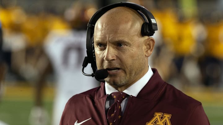 Sep 13, 2025; Berkeley, California, USA; Minnesota Golden Gophers head coach P.J. Fleck prepares for a game against the California Golden Bears at California Memorial Stadium. Mandatory Credit: D. Ross Cameron-Imagn Images
