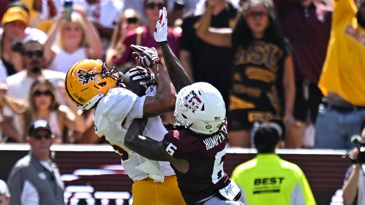Sep 12, 2026; College Station, Texas, USA; Arizona State Sun Devils wide receiver Reed Harris (3) catches a pass for a touchdown as Texas A&M Aggies cornerback Julio Humphrey (6) defends at Kyle Field. Mandatory Credit: Maria Lysaker-Imagn Images Sep 12, 2026; College Station, Texas, USA; Arizona State Sun Devils wide receiver Reed Harris (3) catches a pass for a touchdown as Texas A&M Aggies cornerback Julio Humphrey (6) defends at Kyle Field. Mandatory Credit: Maria Lysaker-Imagn Images