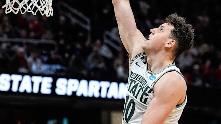 Michigan State center Szymon Zapala (10) goes to the basket against New Mexico during the second half of the Second Round of NCAA tournament at Rocket Arena in Cleveland, Ohio on Sunday, March 23, 2025. Michigan State center Szymon Zapala (10) goes to the basket against New Mexico during the second half of the Second Round of NCAA tournament at Rocket Arena in Cleveland, Ohio on Sunday, March 23, 2025.