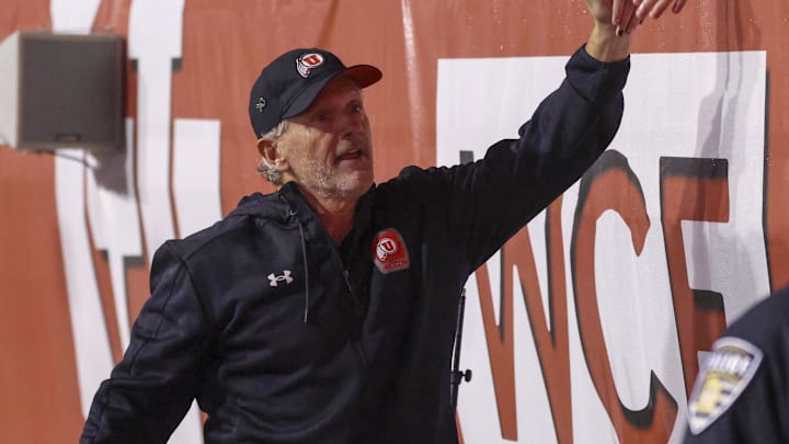 Oct 11, 2025; Salt Lake City, Utah, USA; Utah Utes head coach Kyle Whittingham slaps hands with students after the game against the Arizona State Sun Devils at Rice-Eccles Stadium. Mandatory Credit: Rob Gray-Imagn Images