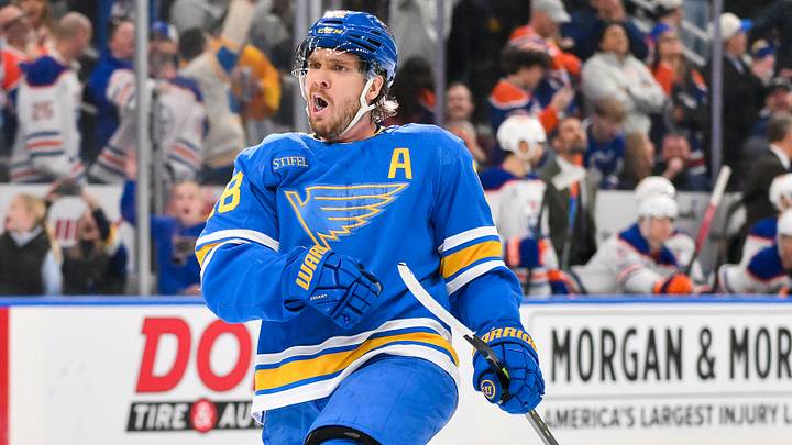 Mar 13, 2026; St. Louis, Missouri, USA; St. Louis Blues center Robert Thomas (18) reacts after scoring the game winning goal against the Edmonton Oilers during overtime at Enterprise Center. Mandatory Credit: Jeff Curry-Imagn Images Mar 13, 2026; St. Louis, Missouri, USA; St. Louis Blues center Robert Thomas (18) reacts after scoring the game winning goal against the Edmonton Oilers during overtime at Enterprise Center. Mandatory Credit: Jeff Curry-Imagn Images