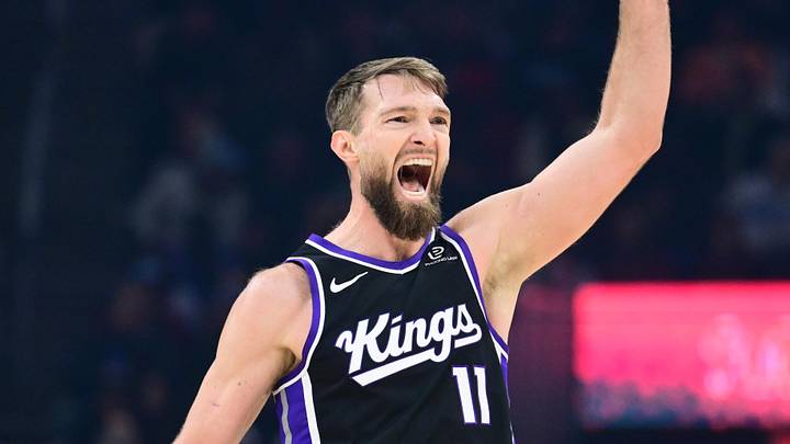 Jan 23, 2026; Cleveland, Ohio, USA; Sacramento Kings forward Domantas Sabonis (11) celebrates after hitting a three point basket against the Cleveland Cavaliers during the first half at Rocket Arena. Mandatory Credit: Ken Blaze-Imagn Images Jan 23, 2026; Cleveland, Ohio, USA; Sacramento Kings forward Domantas Sabonis (11) celebrates after hitting a three point basket against the Cleveland Cavaliers during the first half at Rocket Arena. Mandatory Credit: Ken Blaze-Imagn Images