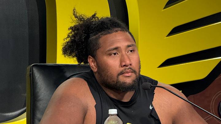 Oregon Ducks offensive lineman Iapani Laloulu speaks to the media during fall camp Oregon Ducks offensive lineman Iapani Laloulu speaks to the media during fall camp