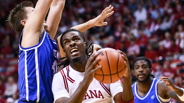 Indiana forward Mackenzie Mgbako (21) goes to the basket against Eastern Illinois forward Kooper Jacobi (40) during the first half at Simon Skjodt Assembly Hall. 