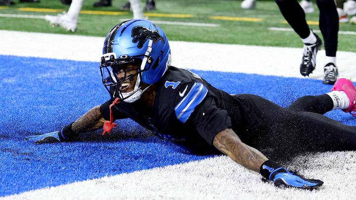 Oct 25, 2026; Detroit, Michigan, USA;  Detroit Lions wide receiver Jameson Williams (1) celebrates scoring a touchdown during the first quarter against the Green Bay Packers at Ford Field.  Mandatory Credit: David Reginek-Imagn Images     TPX IMAGES OF THE DAY