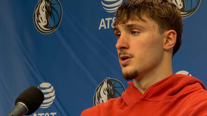 Cooper Flagg addresses the media after Dallas' loss on Wednesday. 