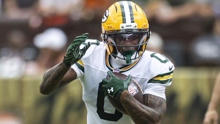 Green Bay Packers wide receiver Matthew Golden (0) runs the ball against the Cleveland Browns during the third quarter at Huntington Bank Field.
