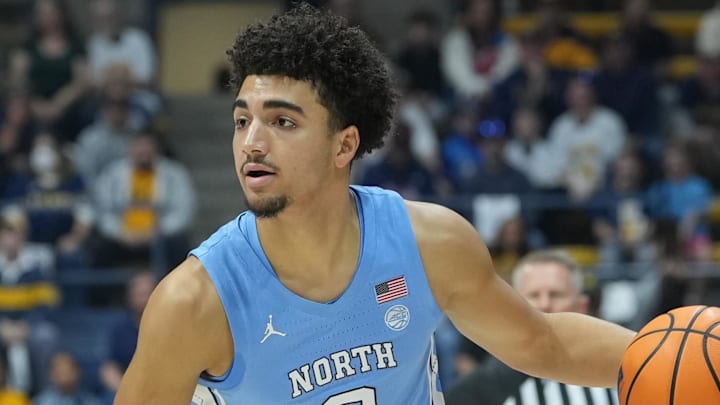 Jan 17, 2026; Berkeley, California, USA; North Carolina Tar Heels guard Derek Dixon (3) during the first half against the California Golden Bears at Haas Pavilion. Mandatory Credit: Darren Yamashita-Imagn Images